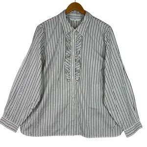 Tommy Hilfiger Womens Blouse Black White Stripe Ruffle Front Button Shirt
